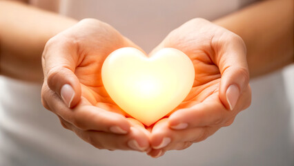 Fototapeta premium Mental health awareness concept. Holding a glowing heart-shaped object in gentle hands, symbolizing love and care.