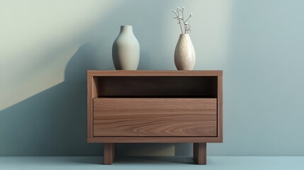 A modern bedside table with a smooth walnut finish, featuring a small drawer and an open shelf, styled with a