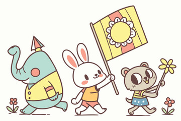 29 Colorful cartoon animals, whimsical characters, playful illustrations, children's book style, simple shapes, vibrant colors, anthropomorphic animals, quirky designs, hand-drawn aesthetic, diverse c