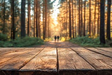Wooden table in forest with blurred couple walking on trail at sunset