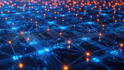 Obraz premium Blue circuit board background with glowing lights, representing digital technology and cybersecurity concepts