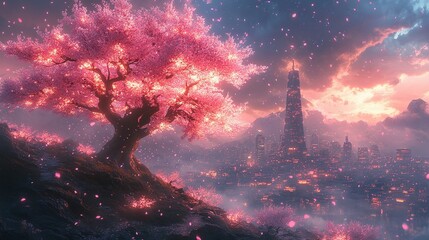 cherry tree, sakura, by the lake with the city in the background