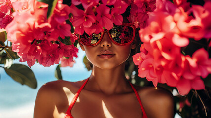 Woman in red bikini, flowers, sunglasses.