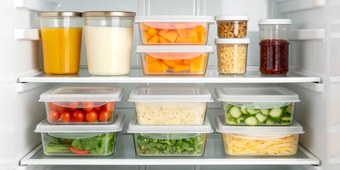 Food waste reduction concept. Organized fridge with healthy foods and beverages in clear containers.