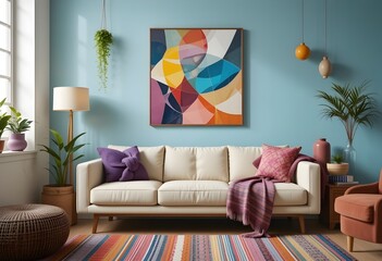 Modern and colorful interior of living room with design boucle sofa, mock up poster, shelf, plants, decorations and personal stuff. Home decor.
