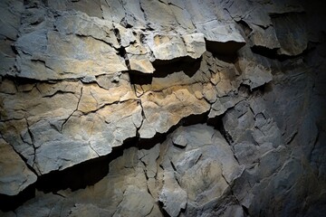 Fototapeta premium A close-up view of a rough, cracked rock surface with varying shades of gray and brown.