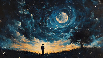 A child silhouetted against a swirling night sky and large moon