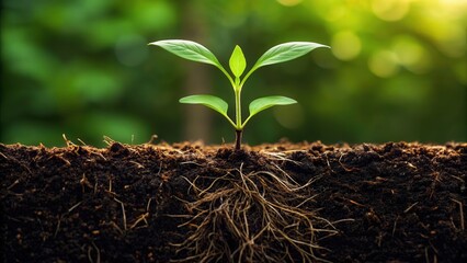 Food waste reduction concept. Small plant with roots emerging from dark soil against a blurred green background.
