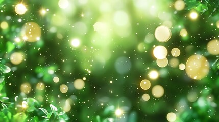 Obraz premium Vibrant green foliage shimmers softly under warm sunlight bokeh. AI Generated