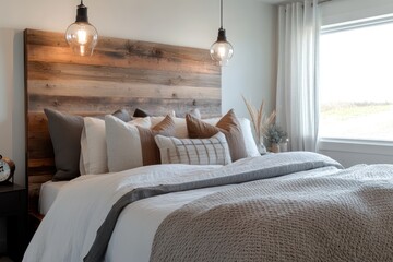 A modern farmhouse bedroom with a reclaimed wood headboard, vintage-inspired lighting fixtures, and a mix of soft linens in earthy