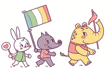 29 Colorful cartoon animals, whimsical characters, playful illustrations, children's book style, simple shapes, vibrant colors, anthropomorphic animals, quirky designs, hand-drawn aesthetic, diverse c