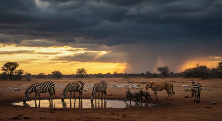 Zebras and Cheetah Family Drinking at Waterhole Under Dramatic Sky