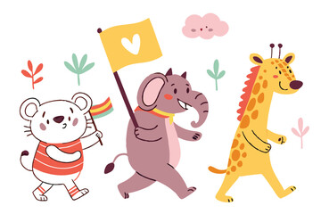 29 Colorful cartoon animals, whimsical characters, playful illustrations, children's book style, simple shapes, vibrant colors, anthropomorphic animals, quirky designs, hand-drawn aesthetic, diverse c