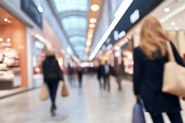 Abstract Blur, defocused background of mall interior showcasing bustling customers browsing storefronts, shopping marketing advertisement concept  dynamic retail with consumer energy and movement