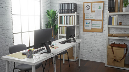 Modern office space with computers on desks and shelves filled with binders and paperwork, under the soft light from large windows, creating a professional workplace ambiance.