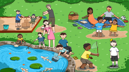 Fototapeta premium Children and Families Having Fun in the Park