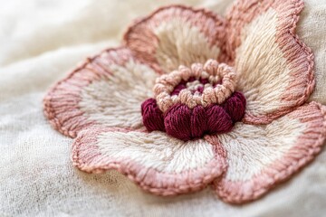Close-up of delicate pink and burgundy embroidered flower on off-white fabric.