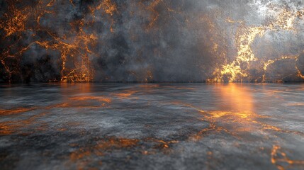 Fiery orange light illuminates dark reflective water creating dramatic abstract landscape. AI Generated