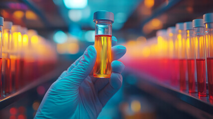 Gloved hand gripping glass vial with bright yellow liquid, positioned near red and orange sample containers inside sterile scientific laboratory setting