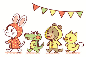 30 Cute illustrated animal characters, colorful cartoon style, whimsical, playful, children's book illustration, simple shapes, flat colors, textured look, lineup of characters, bunny, monkey, crocodi