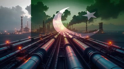 Oil pipelines leading to a refinery, overlaid with the Pakistan flag. A concept of energy industry, fuel production, and economic power.