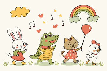 Naklejka premium 30 Cute illustrated animal characters, colorful cartoon style, whimsical, playful, children's book illustration, simple shapes, flat colors, textured look, lineup of characters, bunny, monkey, crocodi