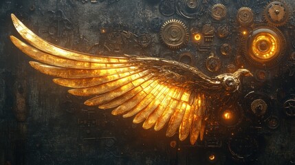 Golden steampunk wing on a dark metallic background with gears and glowing components.