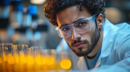 Scientist in lab with safety glasses looking at test tubes of glowing liquid