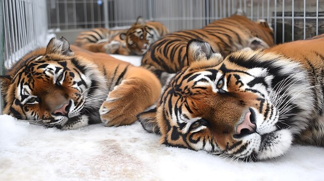Several beautiful tigers resting on snow covered ground peacefully