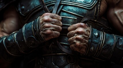 Ancient Warrior's Gripped Resolve: A Close-Up of Powerful Hands Clad in Dark Armor