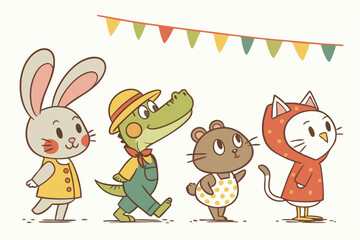 30 Cute illustrated animal characters, colorful cartoon style, whimsical, playful, children's book illustration, simple shapes, flat colors, textured look, lineup of characters, bunny, monkey, crocodi