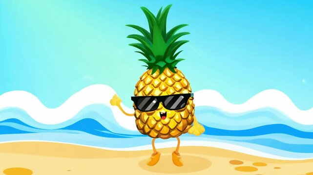 Cartoon pineapple with sunglasses dancing on beach scene. The animated character moves its arms rhythmically while remaining in place, with blue ocean waves and sky providing tropical summer backdrop.
