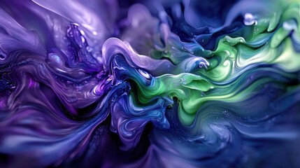 Obraz premium Abstract Swirling Liquid Colors: A mesmerizing blend of purple, blue, and green hues creating a dynamic and vibrant artwork.