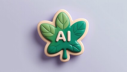 AGI ethics 3D concept. Leaf-shaped emblem featuring "AI" in green and white colors.