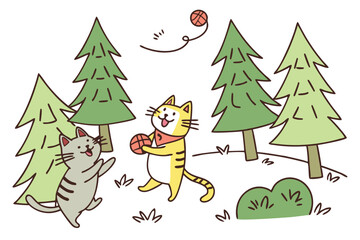 31 Cartoon cats playing in a forest, whimsical illustration, colorful animals, green pine trees, playful felines, childlike drawing style, simple shapes, joyful creatures, outdoor scene, fun and energ