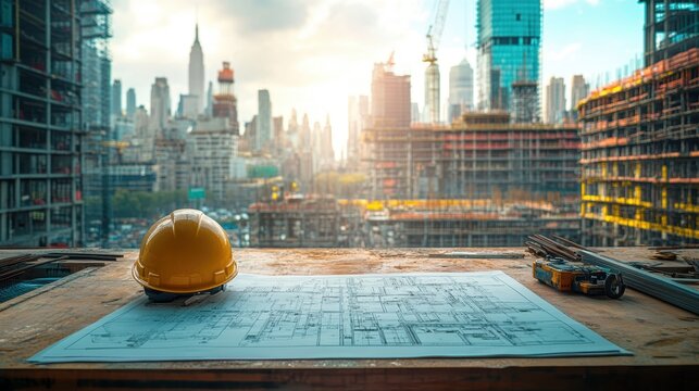 A yellow hard hat rests on architectural blueprints, overlooking a city skyline under construction