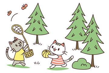 31 Cartoon cats playing in a forest, whimsical illustration, colorful animals, green pine trees, playful felines, childlike drawing style, simple shapes, joyful creatures, outdoor scene, fun and energ