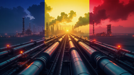 Oil pipelines leading to a refinery, overlaid with the Romania flag. A concept of energy industry, fuel production, and economic power.