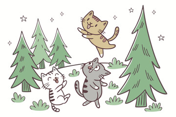 31 Cartoon cats playing in a forest, whimsical illustration, colorful animals, green pine trees, playful felines, childlike drawing style, simple shapes, joyful creatures, outdoor scene, fun and energ