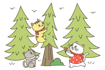 31 Cartoon cats playing in a forest, whimsical illustration, colorful animals, green pine trees, playful felines, childlike drawing style, simple shapes, joyful creatures, outdoor scene, fun and energ