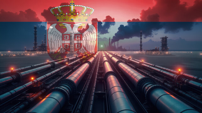 Oil pipelines leading to a refinery, overlaid with the Serbia flag. A concept of energy industry, fuel production, and economic power.