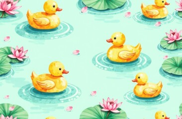 Naklejka premium Seamless watercolor pattern with yellow ducklings in a pond