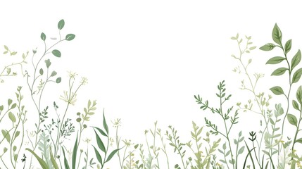 Watercolor painted illustration of various green plants on white background