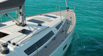 Fototapeta premium Luxury sailing yacht deck on turquoise tropical waters, Modern white sailboat with solar panels and teak decking, Maritime lifestyle and sustainable boating