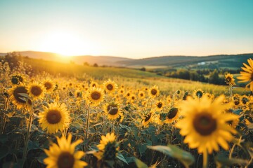 Fototapeta premium Sunflowers in a field at sunset, golden hour light illuminating the scene.