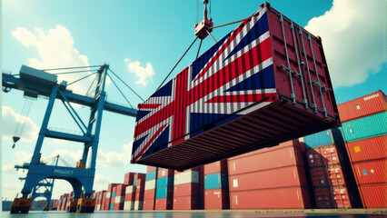 Logistics and trade concept: A freight container painted with the United Kingdom flag being loaded at a shipping dock. Maritime transport, international commerce, and economic growth.