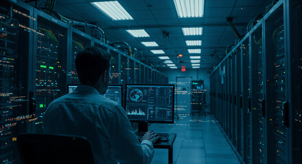Technology professional monitoring server room at night, Cybersecurity operations center with blue lighting, Data center management and network infrastructure monitoring