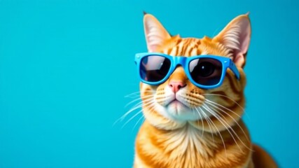 Fototapeta premium ginger cat in glasses on a blue background
