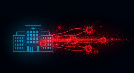 Hospital Under Virus Attack, Digital Illustration of Healthcare Facility Facing Viral Threat, Pandemic Crisis Healthcare Concept