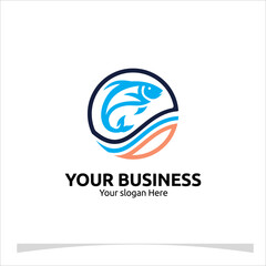 Modern and minimalist fish logo template in a circle shape, featuring stylized fish and waves. Suitable for seafood businesses, fishing companies, or aquatic-themed brands. Editable vector design.
